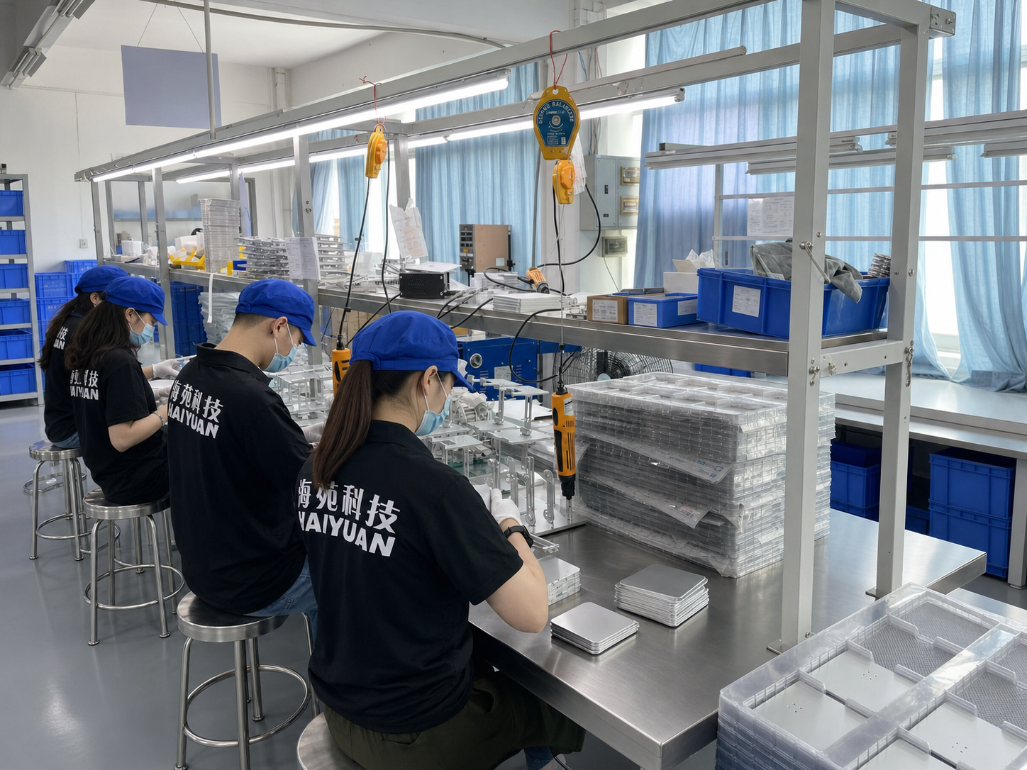 Haiyuan team assembling POS stand components in Zhuhai