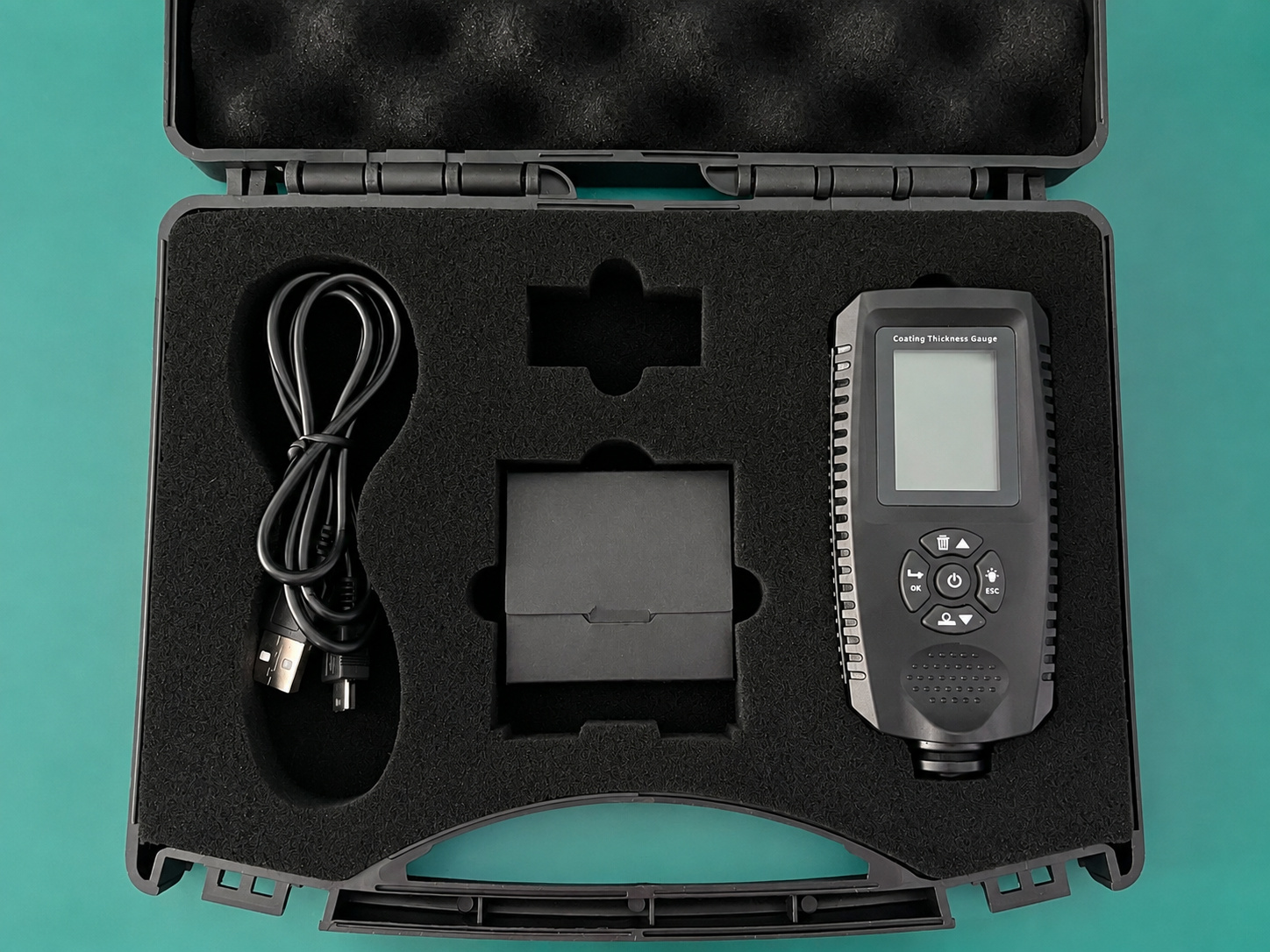 Coating thickness inspection instrument in its protective case