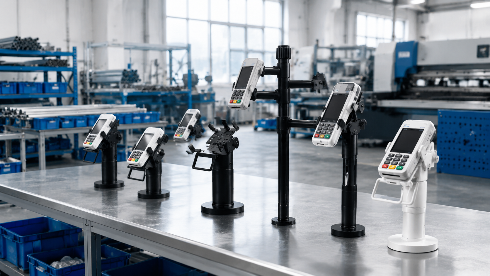 Haiyuan POS mounting systems displayed together in a production environment