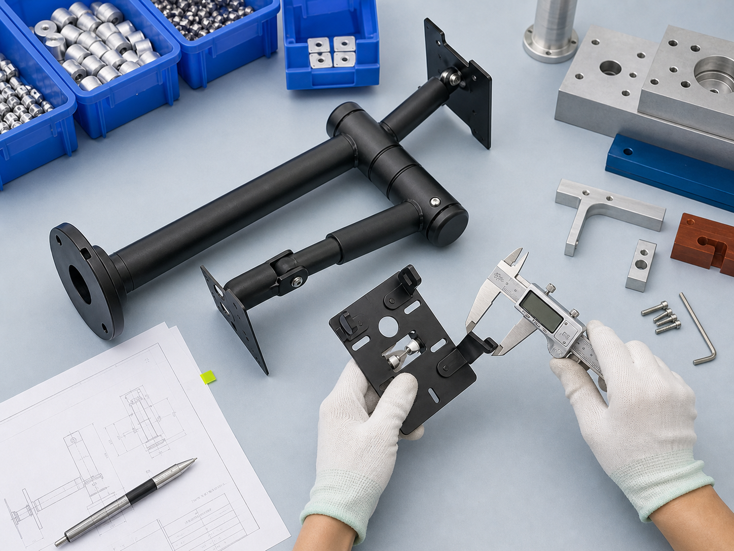 Gloved hands measuring a POS mount component beside an engineering drawing
