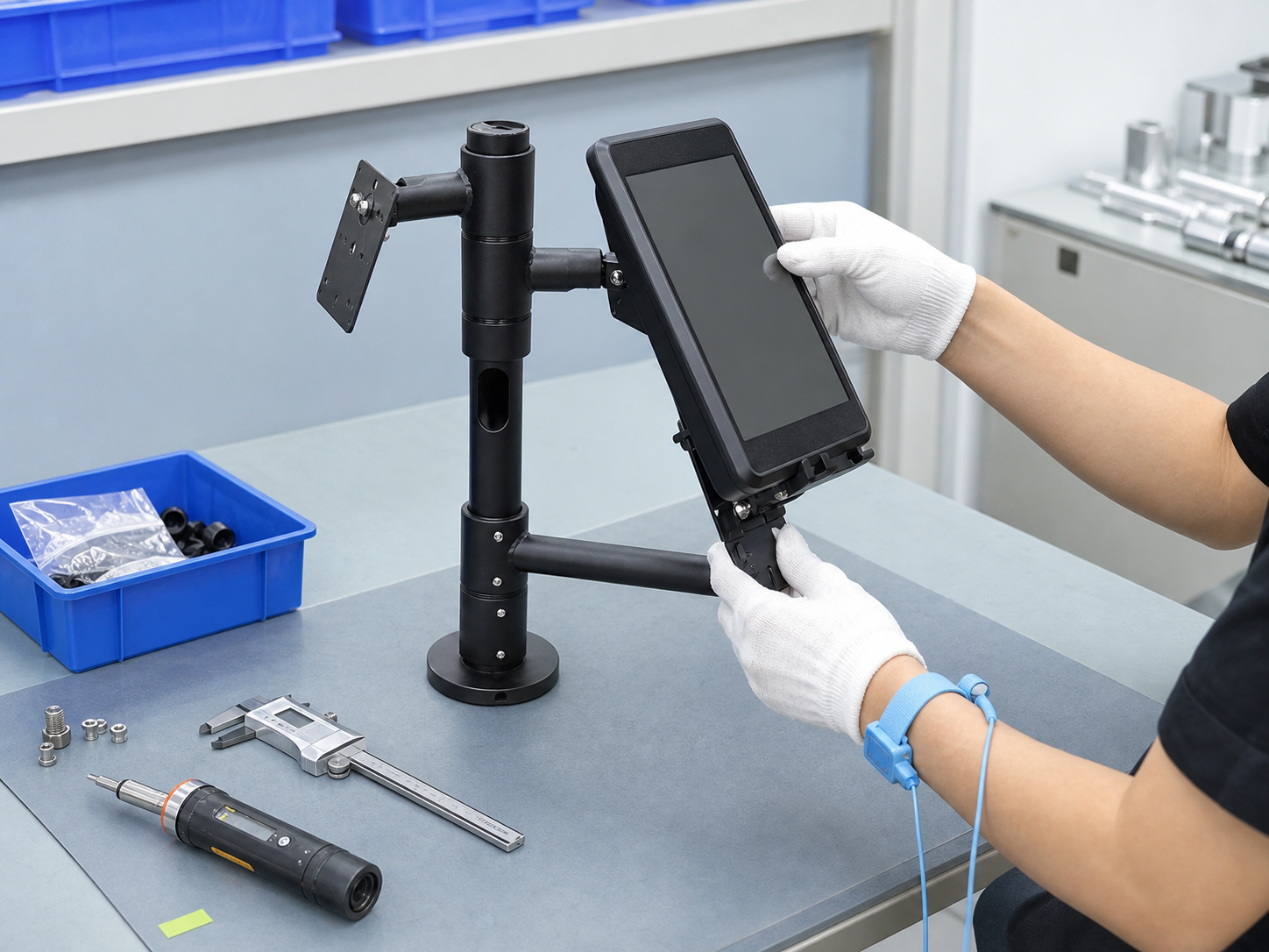 Gloved hands checking the fit of a payment terminal on a POS mount sample